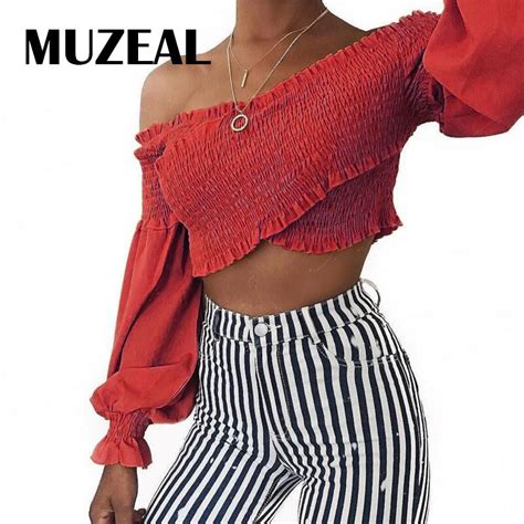 muzeal sexy ruffle off shoulder strapless crop top tees long sleeve fashion female streetwear
