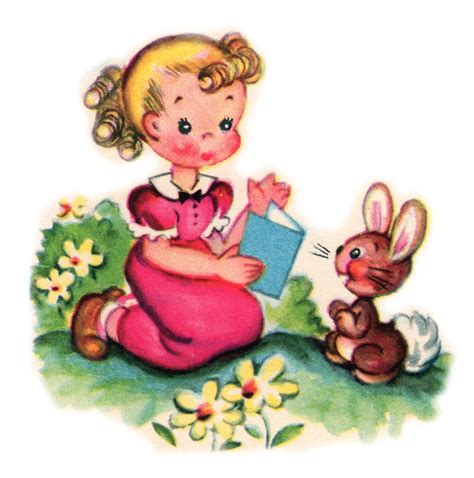 Free Vintage Clip Art Pretty Little Girl And Her Pet Bunny Free