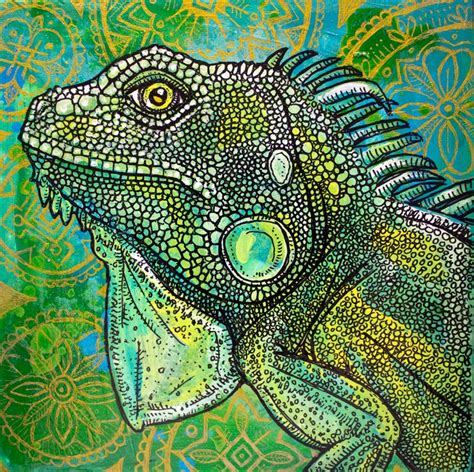 Iguana Lizard Reptile Art Psychedelic Art Iguana Green And Gold