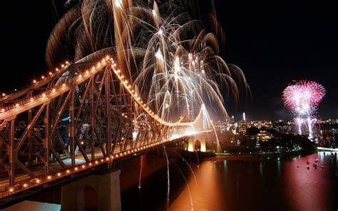 1680x1050 City Bridge Fireworks Lights Night Buildings River