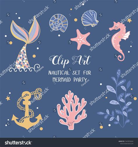 nautical set for mermaid party with handwritten letters plants tail golden anchor shells