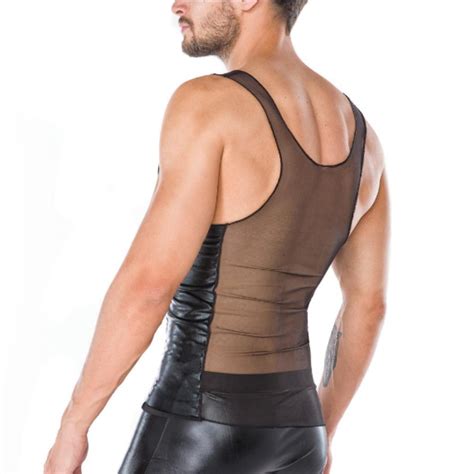 Gay Mens Fashion Faux Leather Patchwork Sleeveless Sheer Mesh Tank Tops