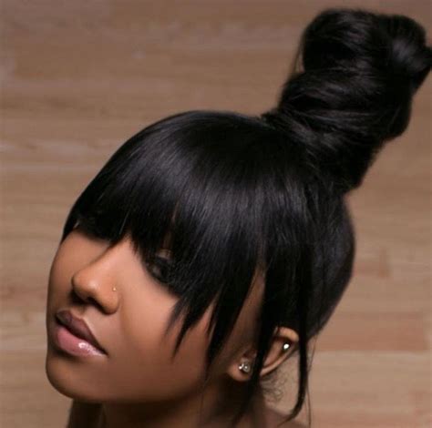 The hair makeover comes shortly after showing off a sleek, bangless bob at the golden globe awards earlier in the week. Bang and bun with weave - ALQURUMRESORT.COM