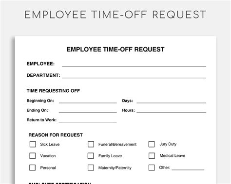 Employee Time Off Request Template Vacation Request Form Pto Etsy