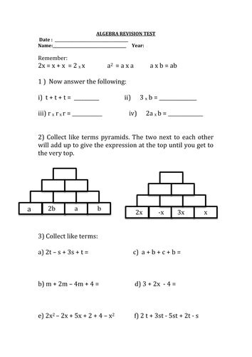algebra revision test ks3 word document teaching resources