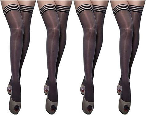 Womens Stay Up Striped Top Thigh High Stockings 4 Pairs With Glossy