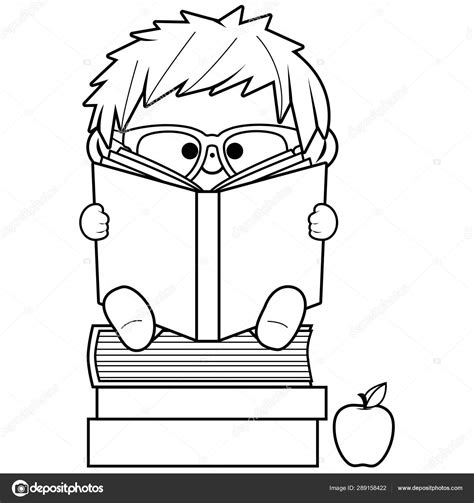 Little Boy Reading Books Black And White Coloring Book Page Stock