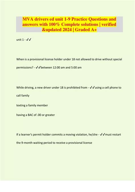 MVA drivers ed unit 1-9 Practice Questions and answers with 100%