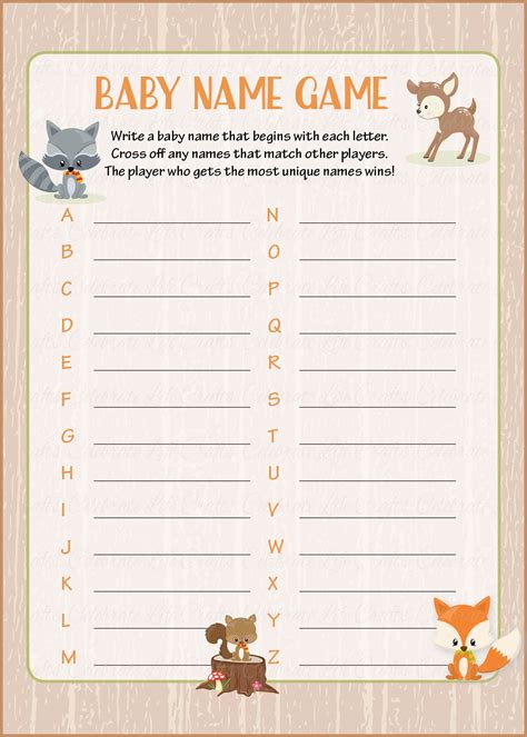 Baby Name Baby Shower Game Forest Animals Woodland Baby Shower Theme