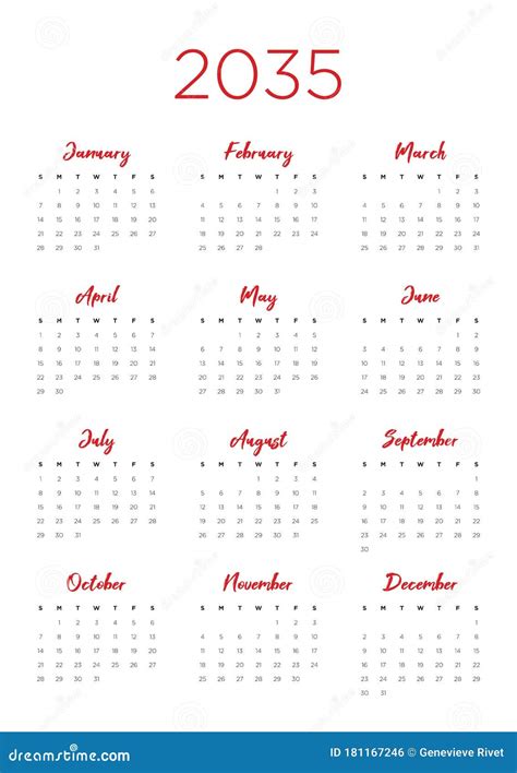 Annual Calendar For 2035 Stock Vector Illustration Of Organizer