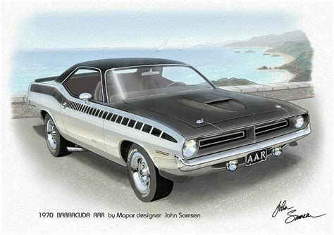 1970 Barracuda Aar Cuda Plymouth Muscle Car Sketch Rendering Painting