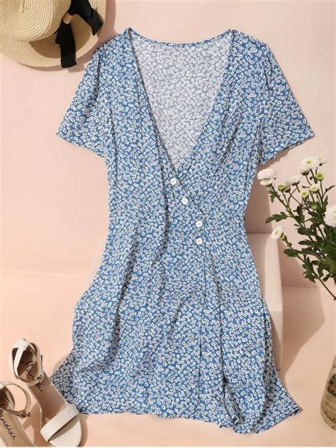 Zaful Ditsy Floral Surplice Mini Belted Dress Blue In 2020 Belted