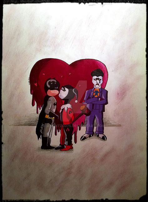 Batman Kissing Harley Quinn With Sad Joker By Anantz0075