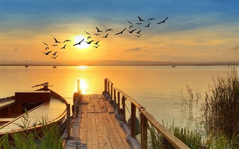 Jezioro Wschód Słońca Łódki Pomost Ptaki Morning Sunrise Sunrise