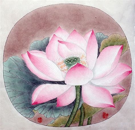 A Painting Of A Pink Lotus Flower With Green Leaves
