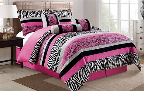 7 Piece Oversize Hot Pink Black White Zebra Leopard Micro Fur Comforter Set Full Size Bedding