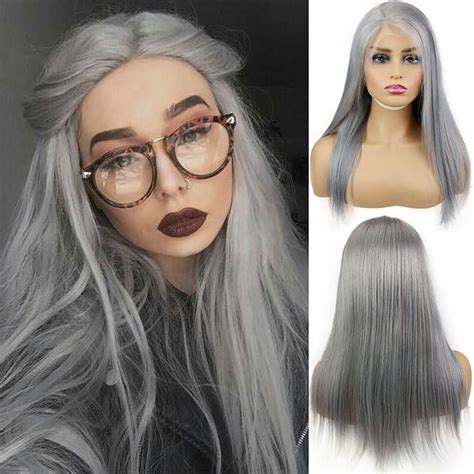 Long Silver Grey Straight Human Hair Lace Wigeseewigs Lace Front