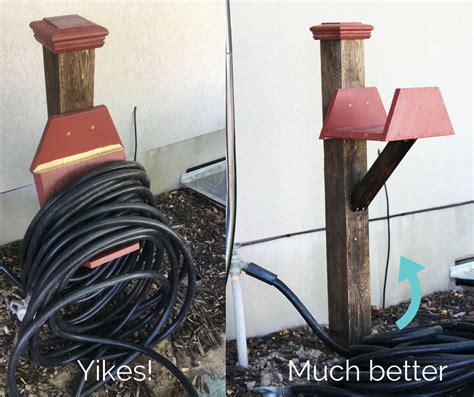 Keep tools and supplies right next to your garden. DIY Chunky Garden Hose Holder - Sawdust Sisters