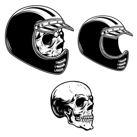 Premium Vector Biker Skull In Racer Helmet In Engraving Style