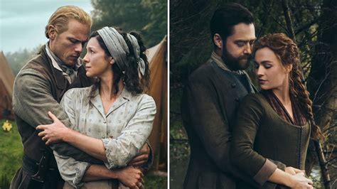 outlander {couples} claire and jamie and roger and brianna embrace in season 7 character portraits