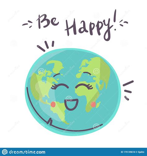 Happy Earth Planet Character Cute Globe With Smiley Face And Hands
