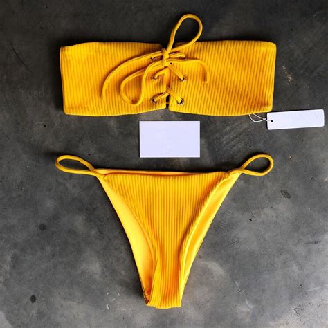 Vikinii 2018 Sexy Brazilian Bandage Bikinis Women Swimsuit Yellow Bowknot Bandeau Swimwear Women