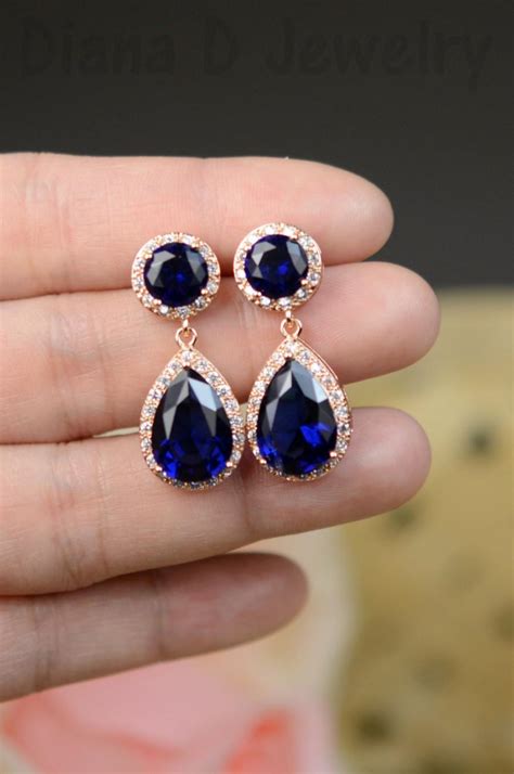 Navy Sapphire Bridesmaid Jewelry Sapphire Blue Rose Gold Drop Earrings