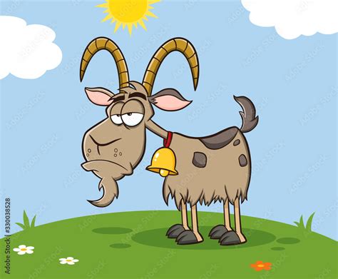 Grumpy Goat Cartoon Mascot Character On A Meadow Vector Illustration With Background Stock