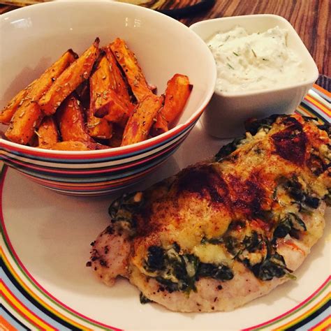Spinach is another tasty ingredient in this recipe. Food: Hasselback chicken with spinach and feta cheese