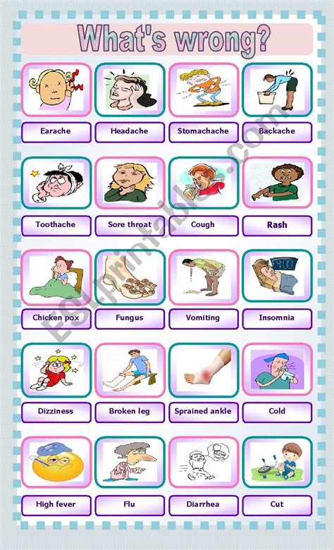 List of esl vocabulary about health problems with the meaning of each one. Illnesses vocabulary - ESL worksheet by Andromaha | Ingles