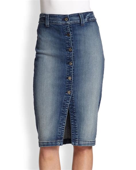 7 For All Mankind Buttonfront Stretch Denim Pencil Skirt In Blue Lyst