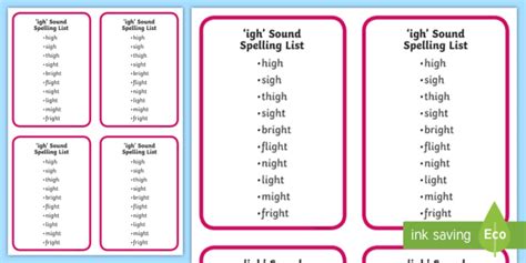 For example, learning that the. 'igh' Sound Spelling List Cards (teacher made)