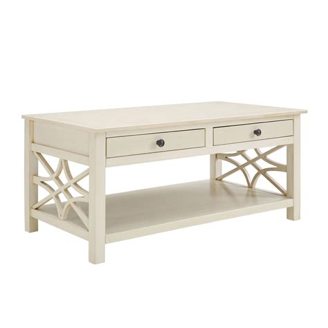 Coffee table looks smaller in my photo because it's sitting in the middle of the living room fresh out of the box and not positioned properly in front of the i love the texture to the wood part and all the distressing. Linon Whitley Antique White Coffee Table