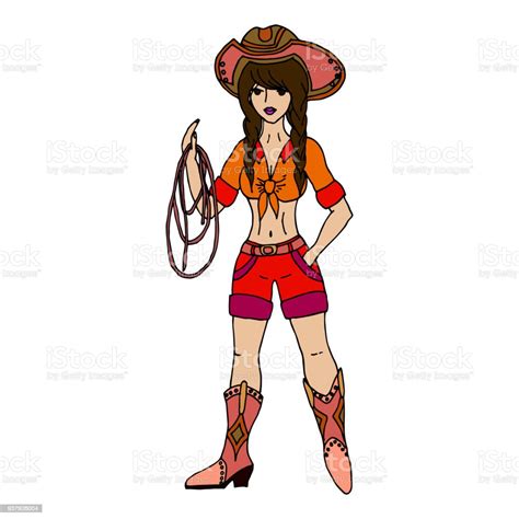 Brunette Cowgirl With Lasso Vector Illustration Isolated On Wh Stock Illustration Download