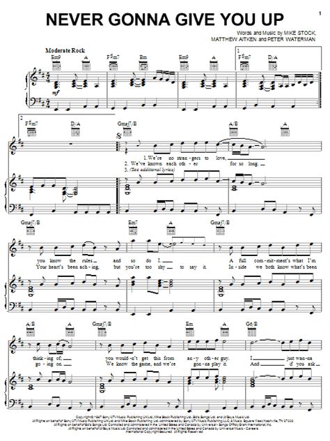 Never Gonna Give You Up Sheet Music Rick Astley Piano Vocal