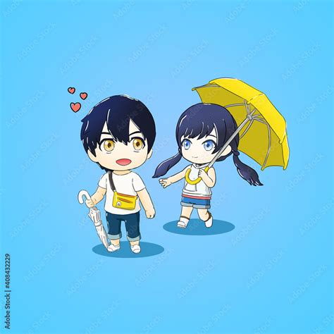 Cute Couple With Umbrella Using Chibi And Anime Style Design For
