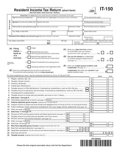 It 150 Resident Income Tax Return Short Form And Instructions