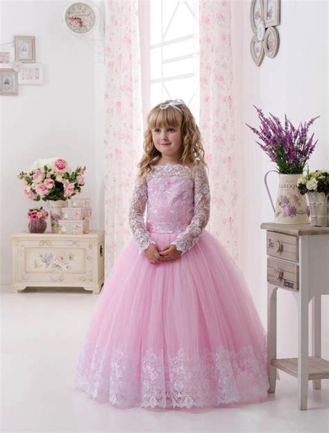 2018 Lace Long Sleeves Ball Gown Pink Flower Girl Dresses