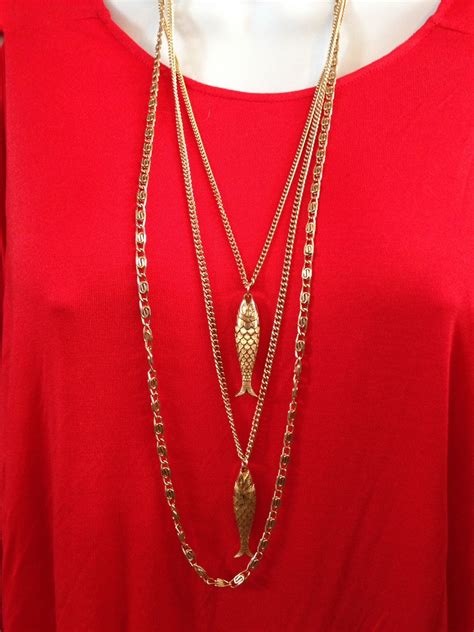 mid century goldtone multi chain necklace with auspicious etsy