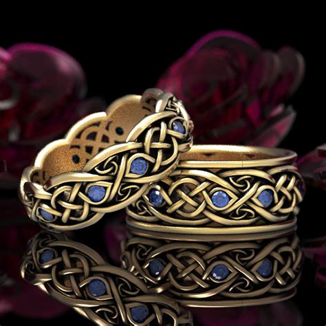Gold Wedding Band Set With Sapphires Gold Celtic Ring Set Celtic