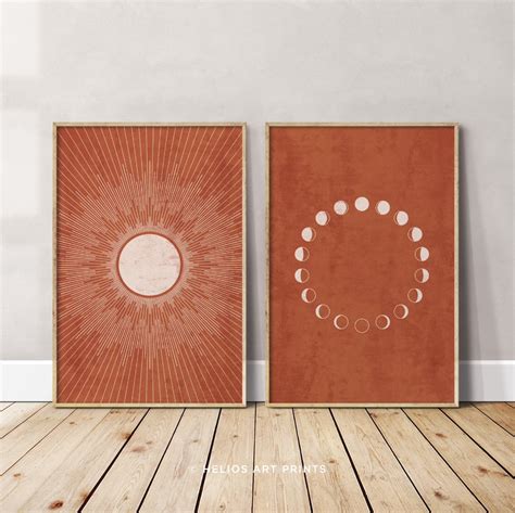 Sun And Moon Phase Mid Century Prints Set Of 2 Terracotta Etsy Moon