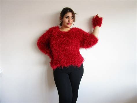 Red Long Sleeve Sweater Hot Red Fuzzy Furry Sweater Hand Knit Etsy