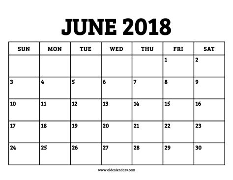 June 2018 Printable Calendar Pages June 2018 Calendar Printable