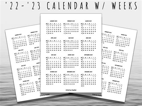 2022 And 2023 Printable Year Calendar With Numbered Weeks 85x11 Etsy