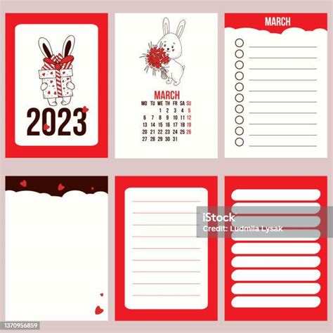 Vertikale Setkalendervorlage Für März 2023 Mit Niedlichem Kaninchen Mit