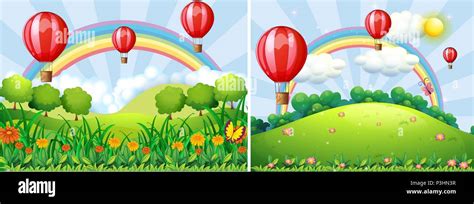 Hot Air Balloon Over The Hills Illustration Stock Vector Image And Art