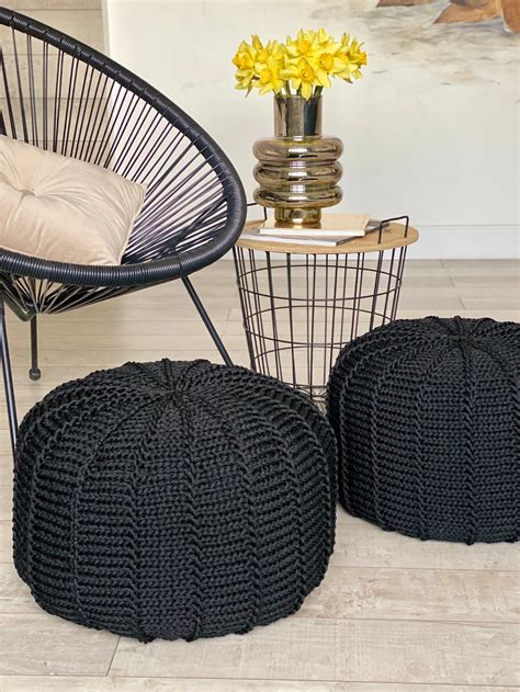 Black Outdoor Waterproof Floor Pouf Ottoman Knitted Pouf Etsy