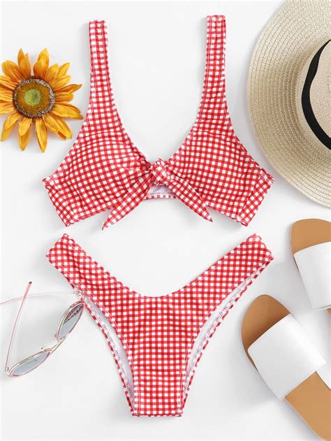 Shop Knot Front Gingham Bikini Set Online Shein Offers Knot Front