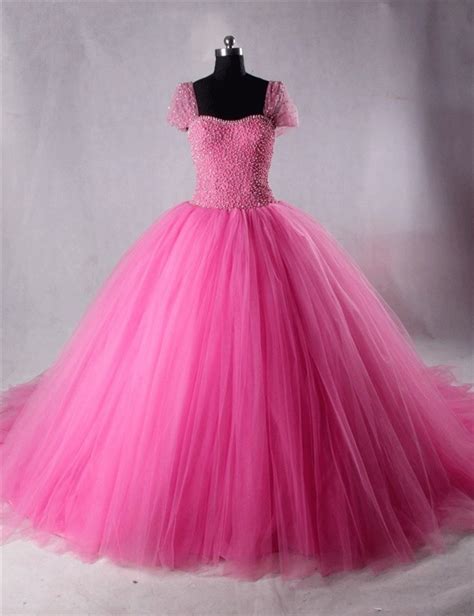 Ball Gown Cap Sleeve Hot Pink Tulle Beaded Puffy Prom Dress Detachable Bow