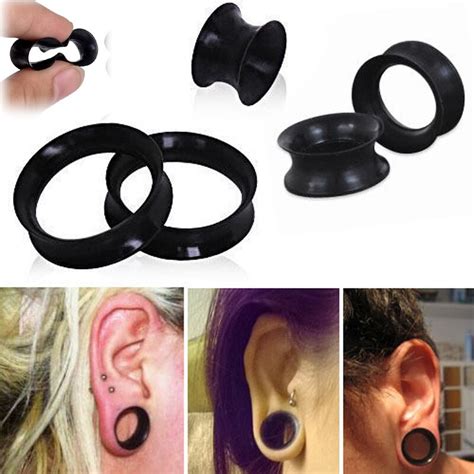 Pair Black Silicone Ear Tunnels Plugs Double Flare Ultra Thin Earskin